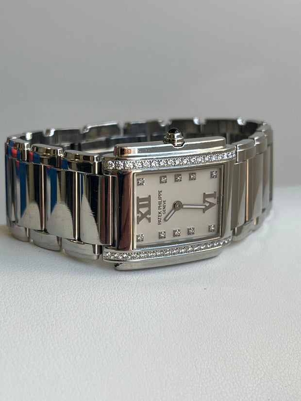 A close detail of the Patek Philippe Twenty 4 watch.