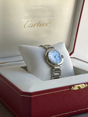 Pre-owned Cartier Ballon Bleu Silver 28 mm W69010Z4 Original Box & Papers