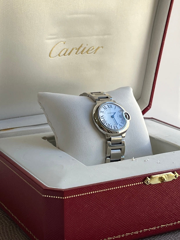 Pre-owned Cartier Ballon Bleu Silver 28 mm W69010Z4 Original Box & Papers