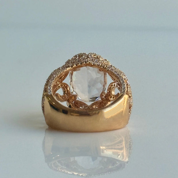 Back side of elegant Morganite and diamond halo ring
