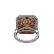 Morganite and diamond ring featuring hidden pink sapphires in rose gold under gallery.