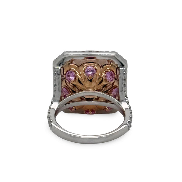 Morganite and diamond ring featuring hidden pink sapphires in rose gold under gallery.