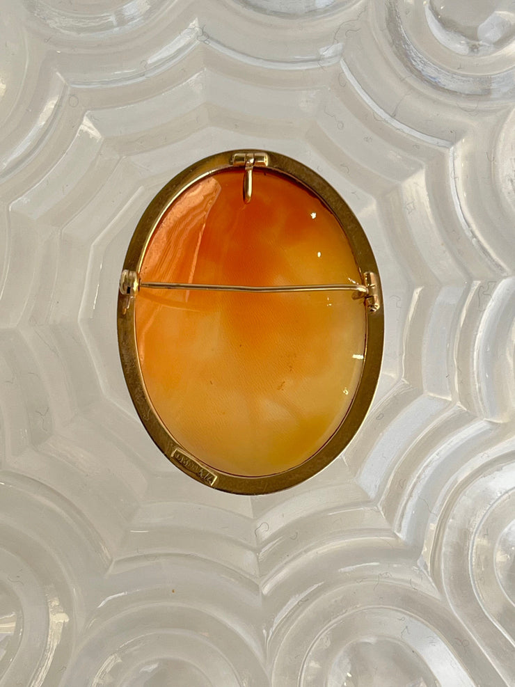 The reverse of the brooch reveals its dual functionality, featuring a secure  pin clasp and an attached bail for optional wear as a pendant. The polished 14K gold back is clean and classic, underscoring the versatility and quality of the piece.