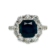 3.7ct Blue Sapphire Ring with Diamond Halo in 14K White Gold