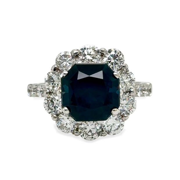 3.7ct Blue Sapphire Ring with Diamond Halo in 14K White Gold
