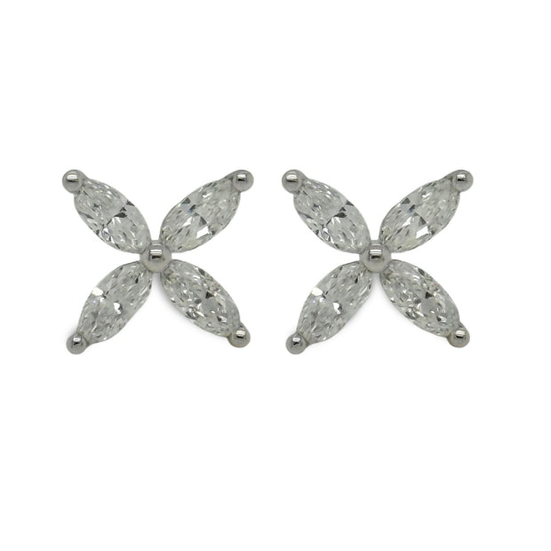 Natural diamond floral stud earrings with four marquise-cut diamonds in 18K white gold