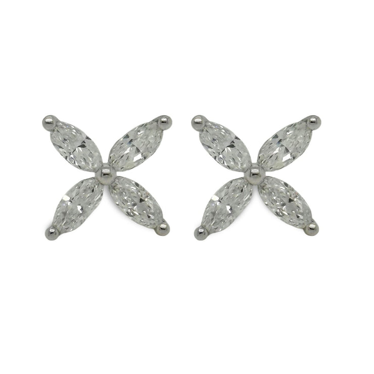 Natural diamond floral stud earrings with four marquise-cut diamonds in 18K white gold