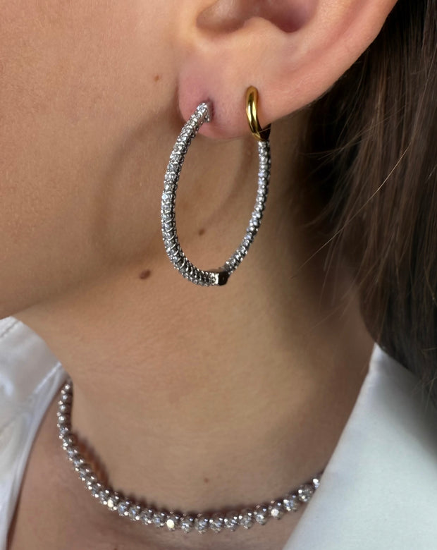 Beautifully crafted 3.0 CTW Diamond Hoop Earrings in premium 14K white gold paired with a diamond tennis necklace.