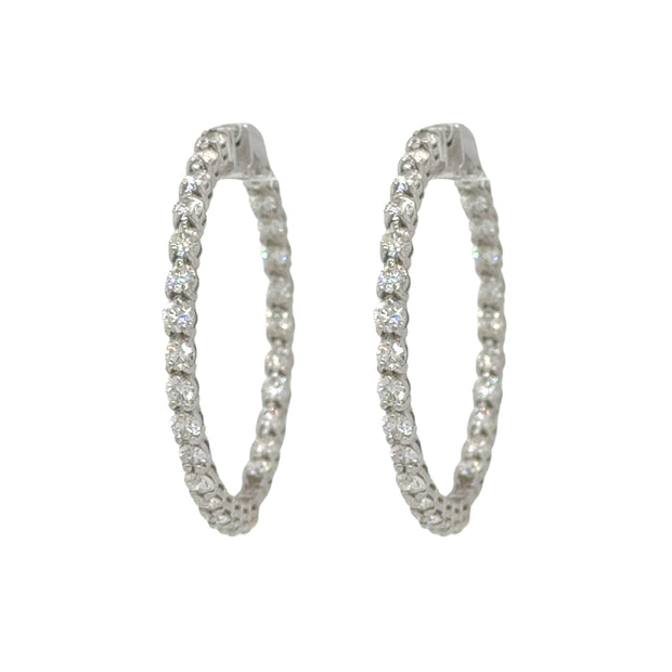 Chic diamond hoop earrings with a total carat weight of 4.5 CTW, featuring a captivating design of diamonds both inside and out in 18K white gold.