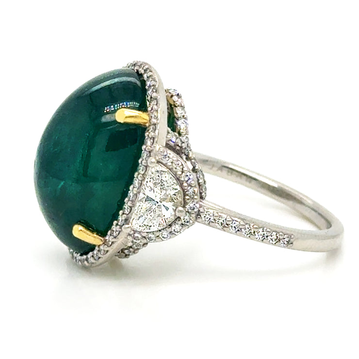 Cabochon Emerald with Diamond Side Stones