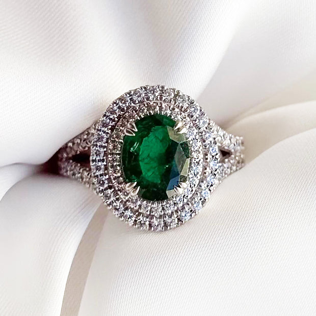 Emerald With Double Diamond Halo Ring