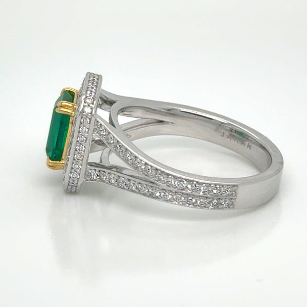 Emerald With Diamond Halo and Split Shank Ring