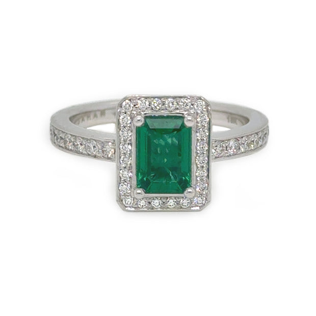 0.86ct Emerald with 0.44ct Diamond Halo Ring