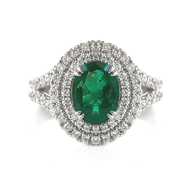 Emerald With Double Diamond Halo Ring