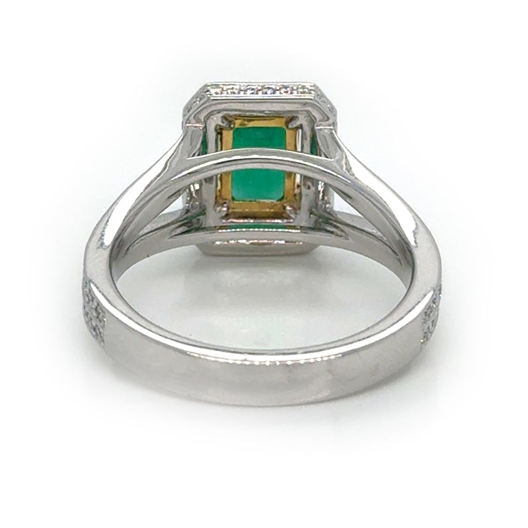 Emerald With Diamond Halo and Split Shank Ring