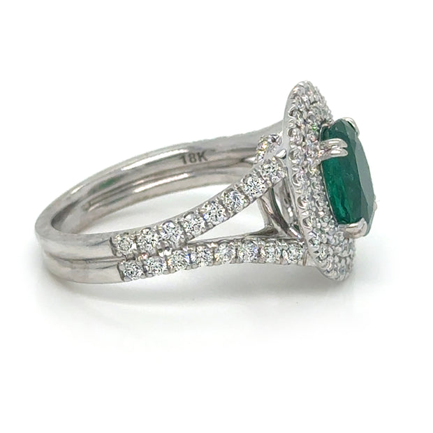 Emerald With Double Diamond Halo Ring