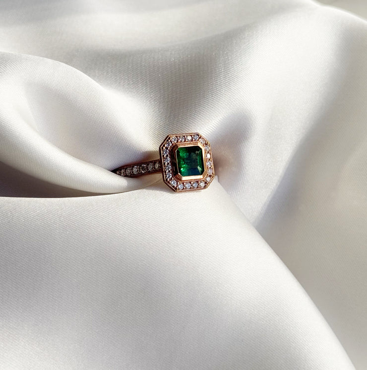Showing of the emerald rich green color in natural light on silk.