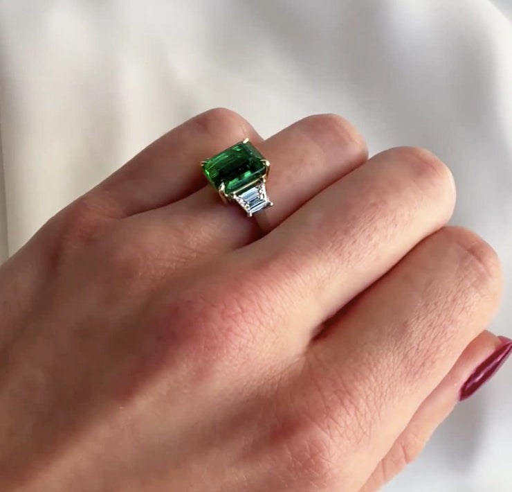 Emerald and Diamond Trapezoid Ring