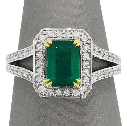 Emerald With Diamond Halo and Split Shank Ring