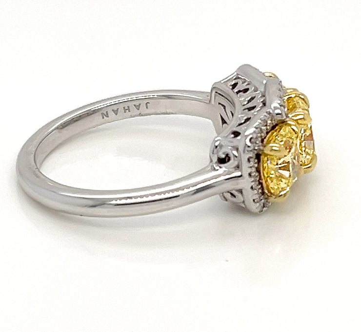 Fancy Yellow Three Stone Halo Ring