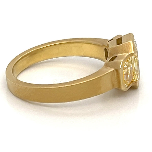 18K Yellow Gold Matte Finish 1.55 CT Radiant Yellow Diamond 0.60 CTW Side Yellow Diamonds