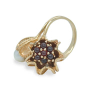 Retro-Style Garnet and Pearl Flower Ring Set in 14K Yellow Gold Size 4.5 SOLID