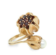 Retro-Style Garnet and Pearl Flower Ring Set in 14K Yellow Gold Size 4.5 SOLID