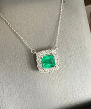 Emerald with Diamond Halo Necklace