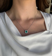 Emerald with Diamond Halo Necklace