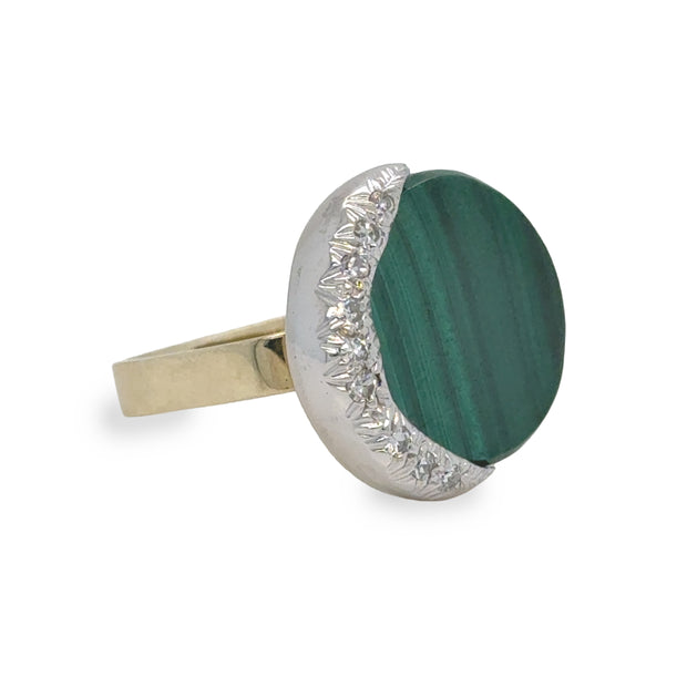 Retro Style 1960's Malachite and Diamond Ring Set in 14K Yellow & White Gold Ring