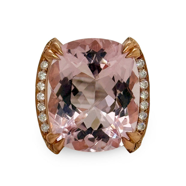 15.37 carat cushion-cut kunzite ring in 18K rose and white gold, accented with 1.54 carats of round brilliant diamonds