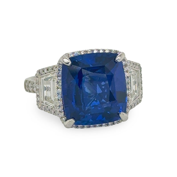 8.43 CT Natural Blue Sri Lanka Sapphire with 1.38 CTW Diamond Side Stones Set in Platinum Ring