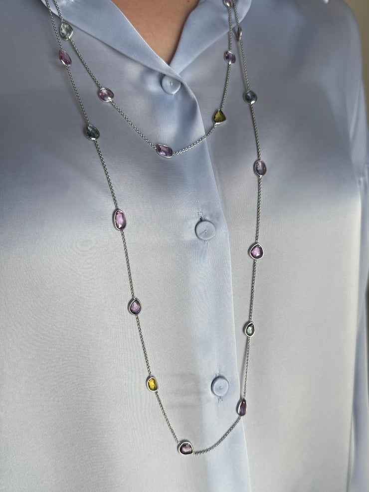 Multi Color No-Heat Sapphire 18K White Gold Necklace