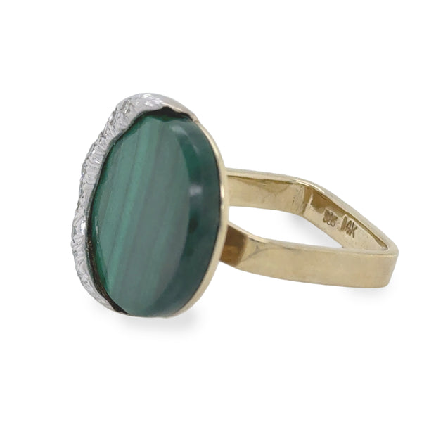 Retro Style 1960's Malachite and Diamond Ring Set in 14K Yellow & White Gold Ring