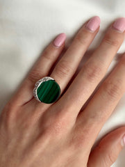 Retro Style 1960's Malachite and Diamond Ring Set in 14K Yellow & White Gold Ring