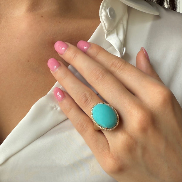 Turquoise Cabochon Ring with Diamond Halo in 18K Rose Gold