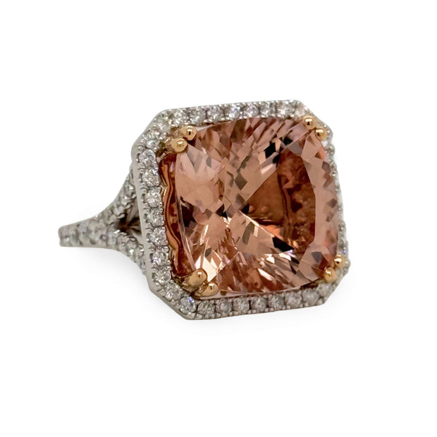 14.14 ct cushion-cut morganite ring in 18K rose and white gold with diamond halo and pavé shoulders