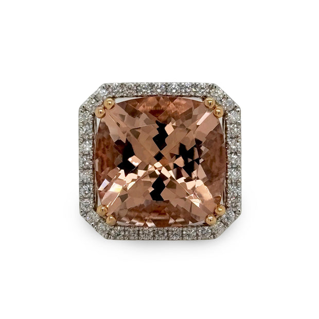 Blush brown-toned 14.14 carat morganite with diamond halo in rose gold double prong setting