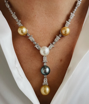 Multi Color Pearls and Diamond Lariat Necklace