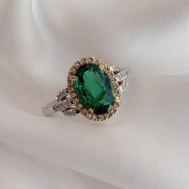 Oval Emerald Diamond Two Tone Ring