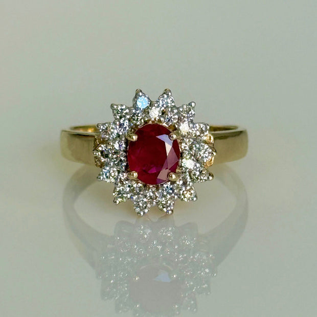 Oval Ruby Ring with Double Diamond Halo