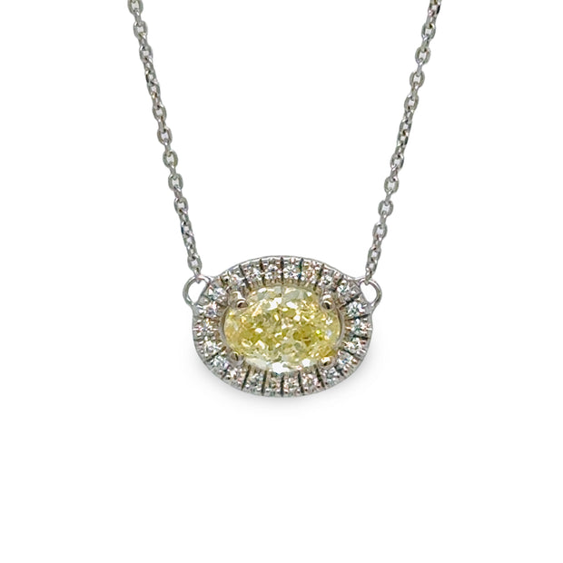 Fancy Oval Yellow & Diamond Halo Pendant in 18K White Gold