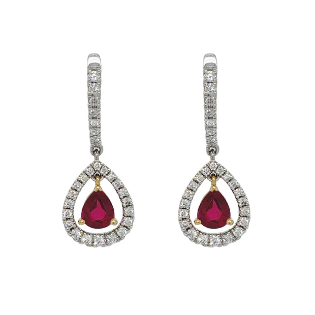 Pear-shaped ruby drop earrings with floating diamond halo in 18K white gold and yellow prongs