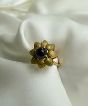 Retro Flower Ring Deep Purple Amethyst Cabochon Center Stone in 18K Yellow Gold