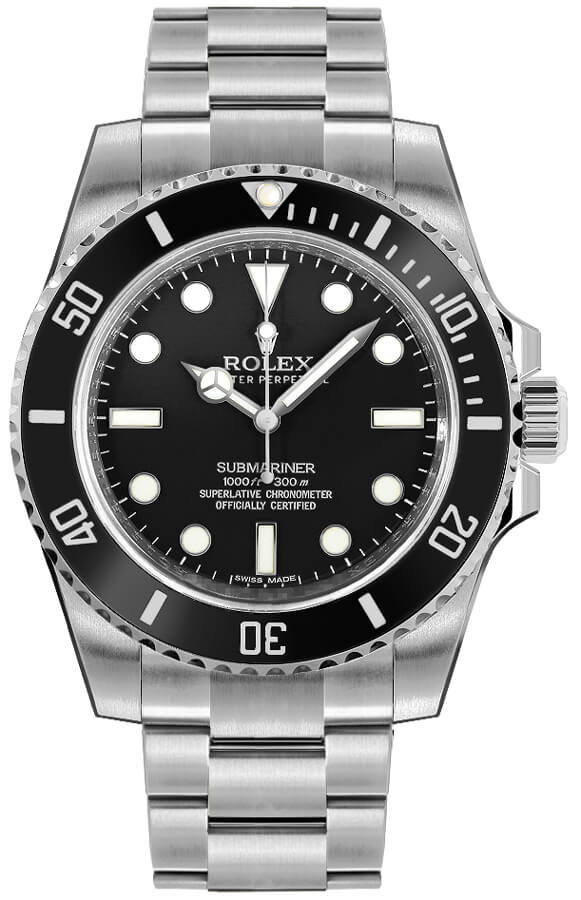 Iconic No Date Sub Rolex shown here in detail.