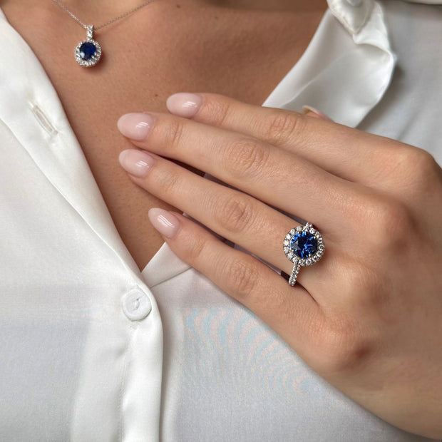 2.01ct Blue Sapphire Ring with Diamond Halo & Band