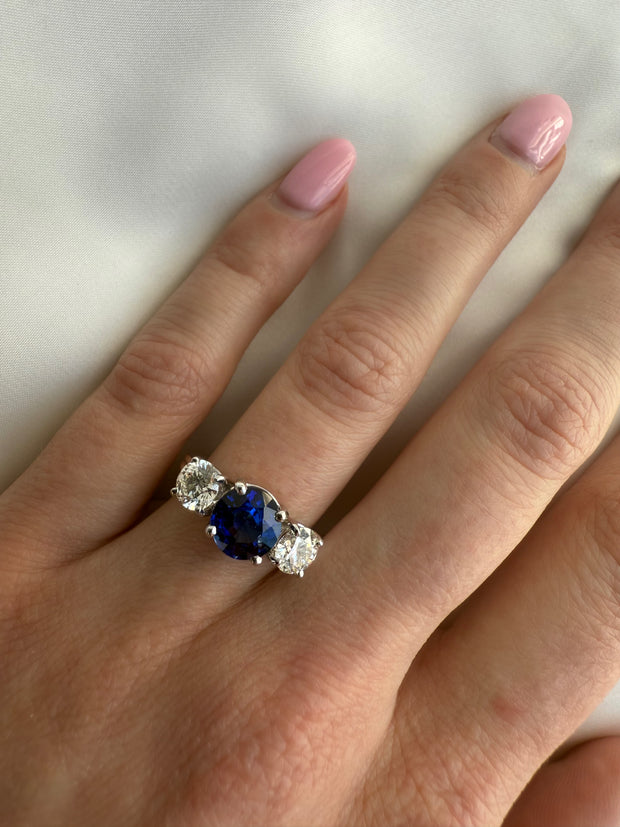 Blue Sapphire and Diamond Three Stone Ring