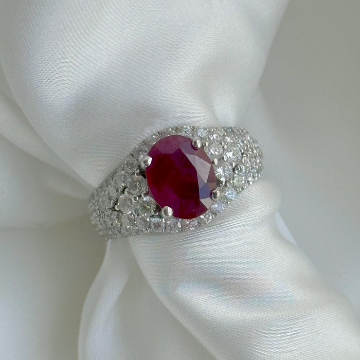 Oval Ruby Ring with Pavé Diamonds in 14K White Gold