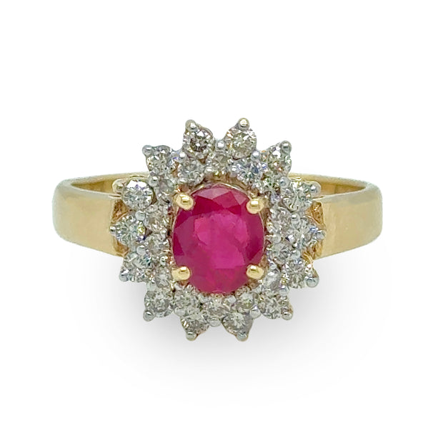 Oval Ruby Ring with Double Diamond Halo