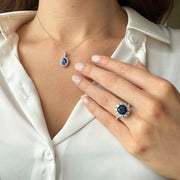 3.7ct Blue Sapphire Ring with Diamond Halo in 14K White Gold